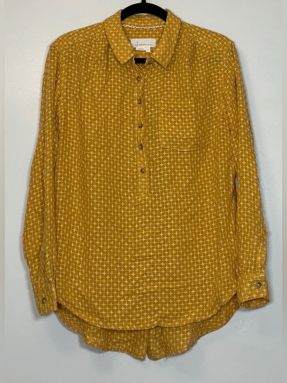 Anthropologie Mustard Yellow Button-Down Shirt with White Cross Pattern
